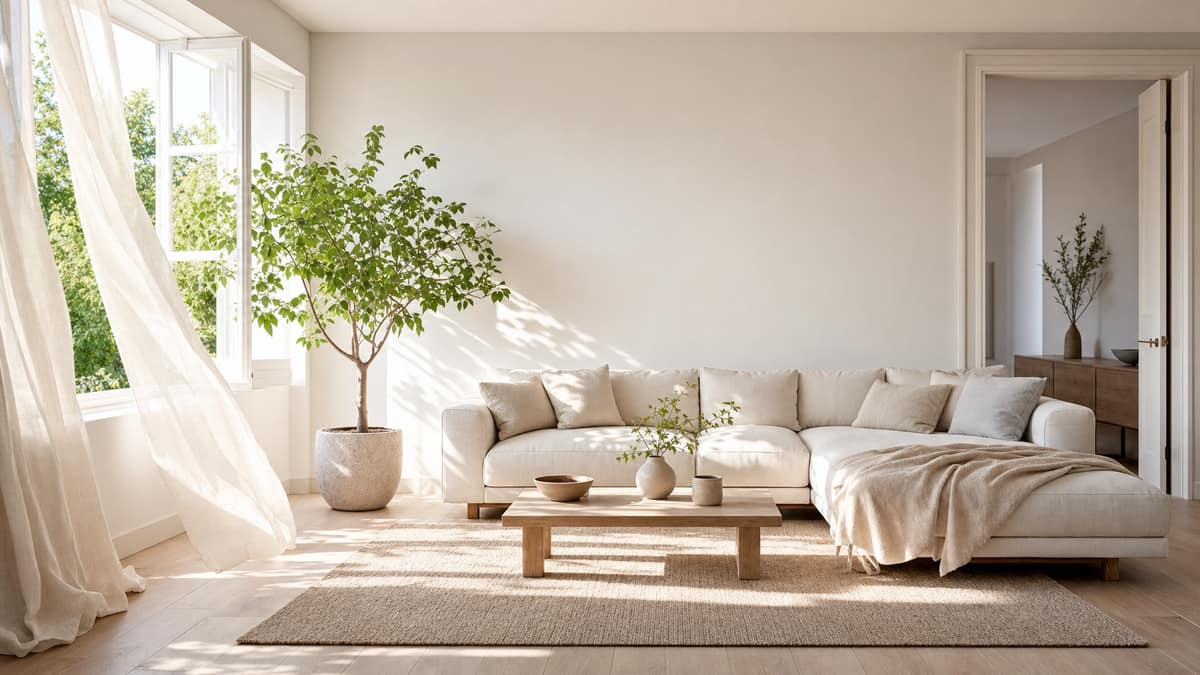Welcoming styled living room with a soft sofa, open window and greenery
