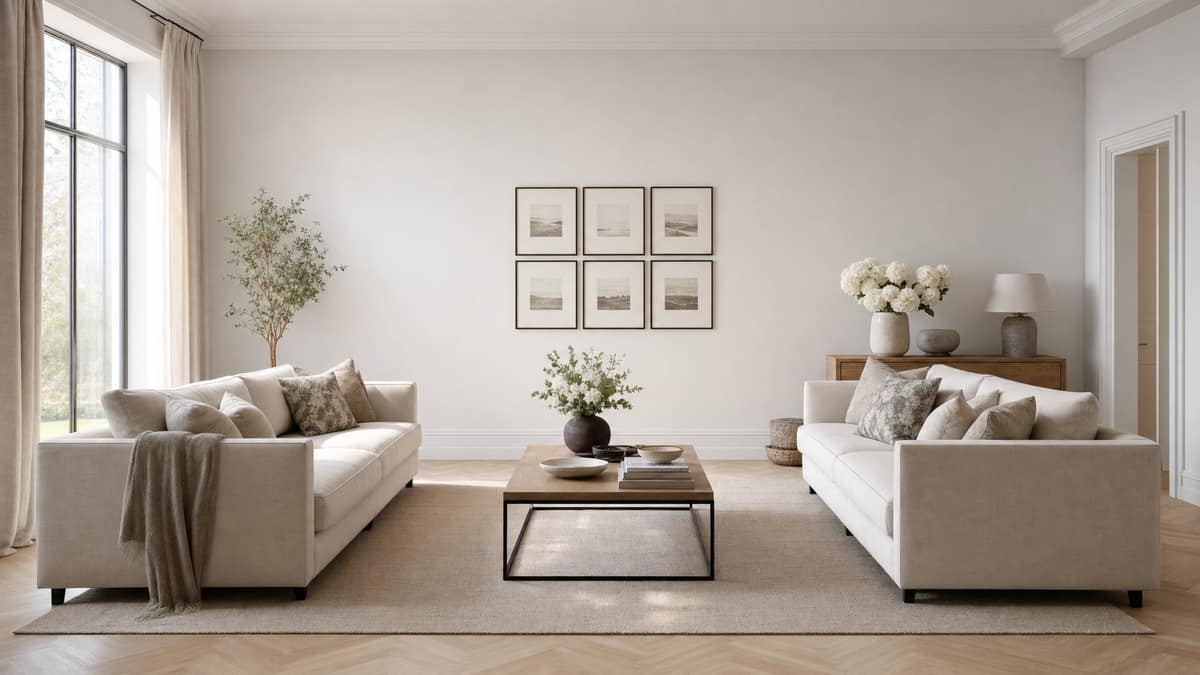 Formally styled living room with a symmetrical sofa arrangement and framed prints