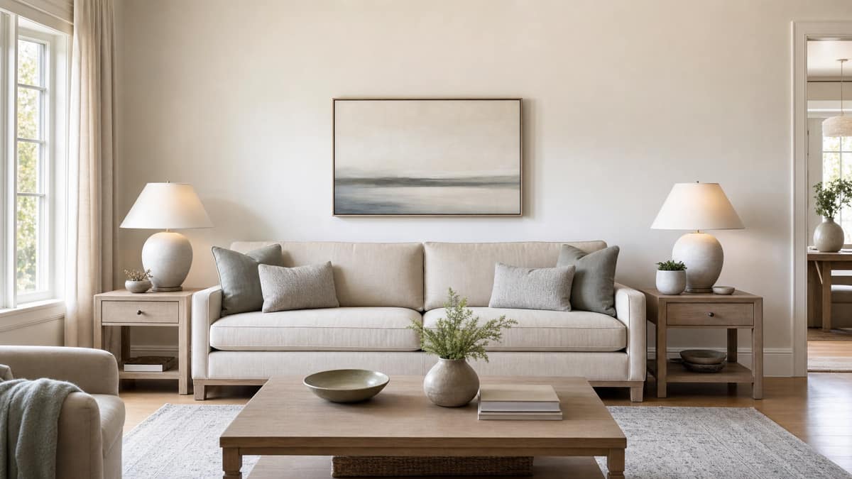 Neatly staged living room with a beige sofa, paired lamps and a centred artwork