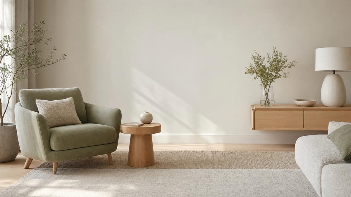 Styled room with a sage armchair, timber side table and layered rugs