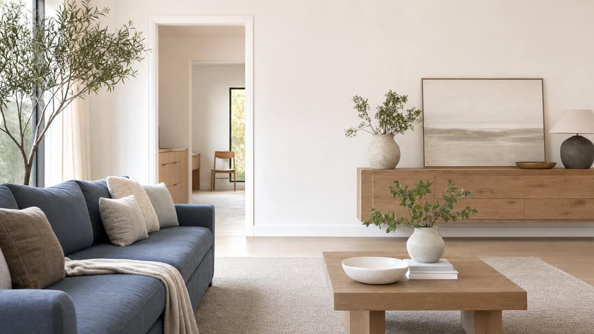 Styled living room with a slate-blue sofa, pale rug and a leaning framed print