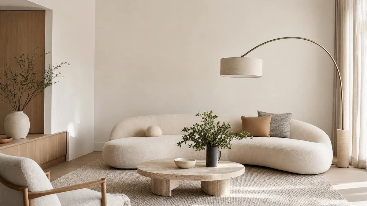 Styled lounge with a curved sofa, textured cushions and an arched floor lamp