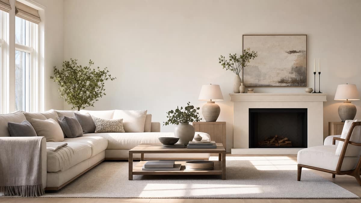 Bright staged lounge with a cream sectional sofa, layered cushions and a styled mantelpiece