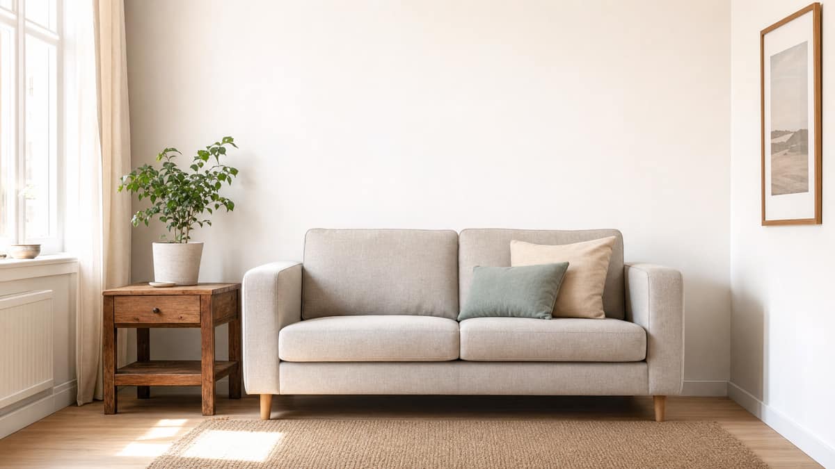 Simply styled living room with a compact sofa, second-hand timber side table and a single plant