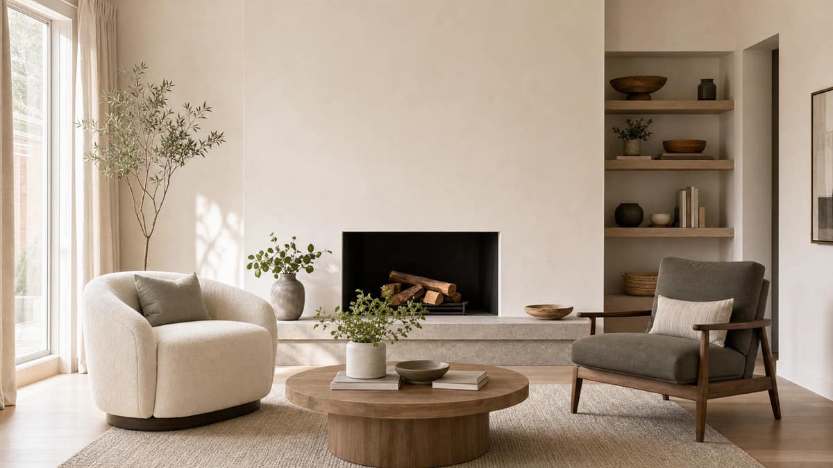 Staged living room with two contrasting armchairs either side of a fireplace