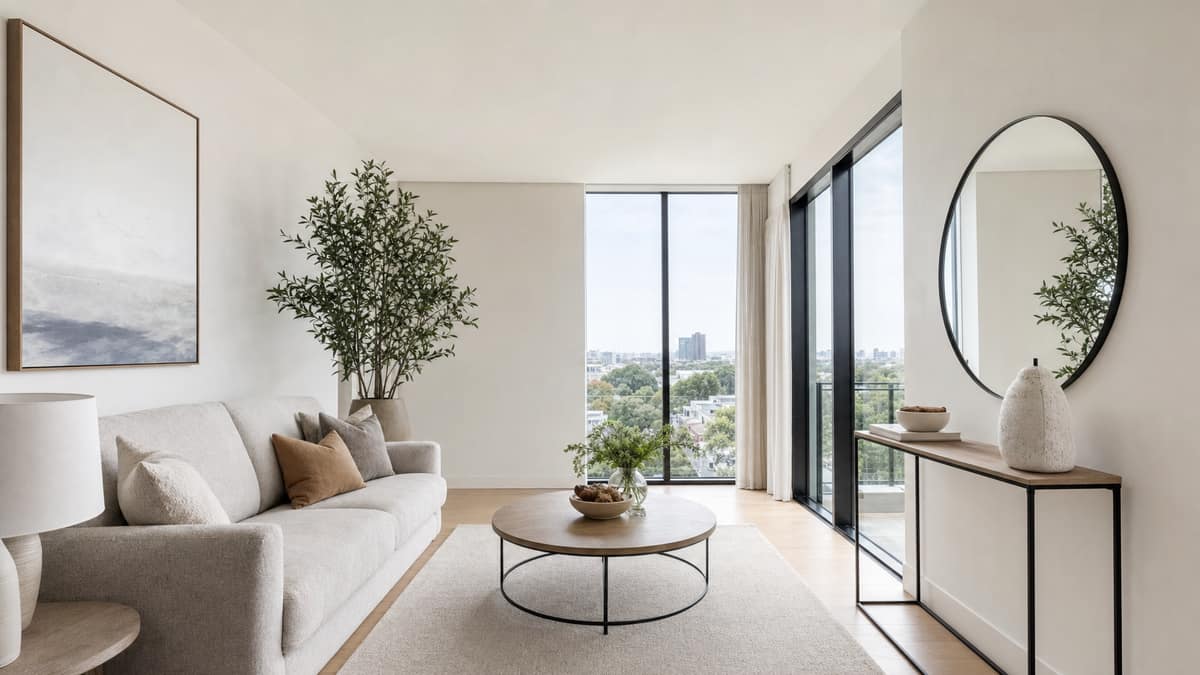Neutral condo living area with a compact sofa and a floor-to-ceiling window
