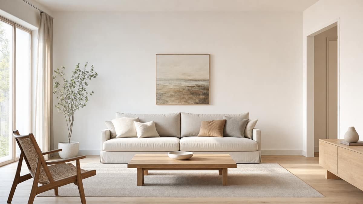 Simply styled living room with a pale sofa, single artwork and clear surfaces
