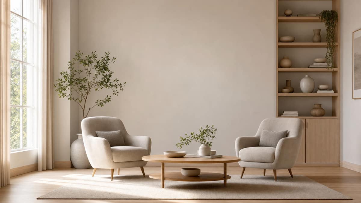 Staged sitting room with two armchairs facing a low table and a styled bookshelf