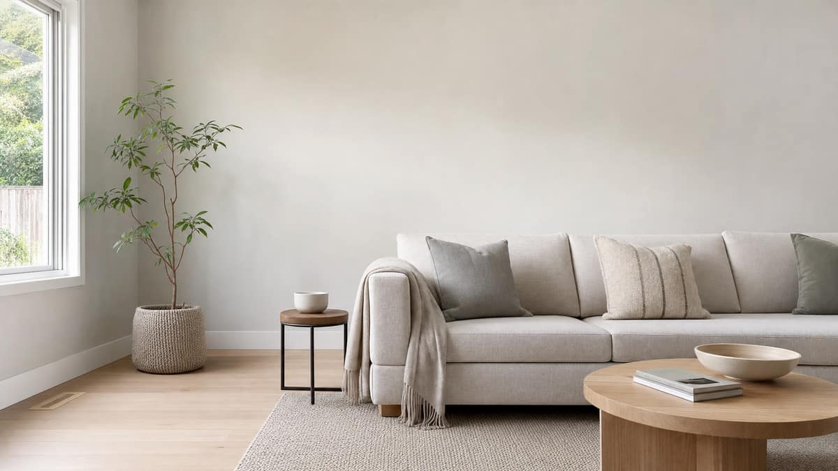 Plainly furnished room with a light sofa, folded throw and empty walls