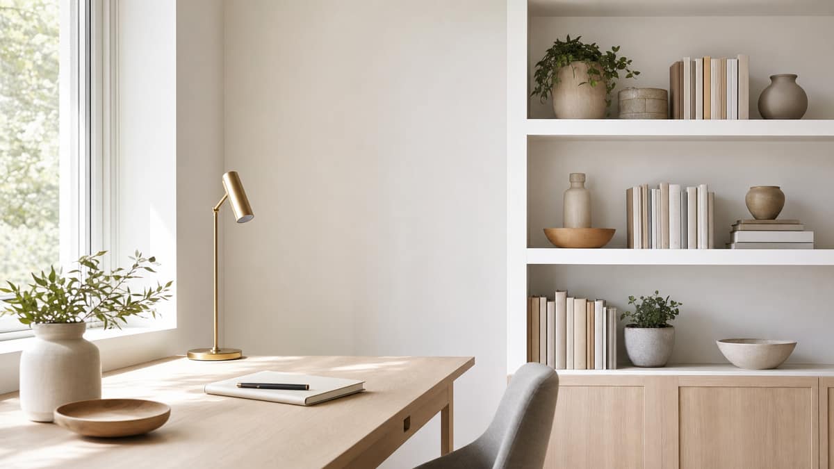 Styled desk beside a bookshelf holding neatly arranged books and objects
