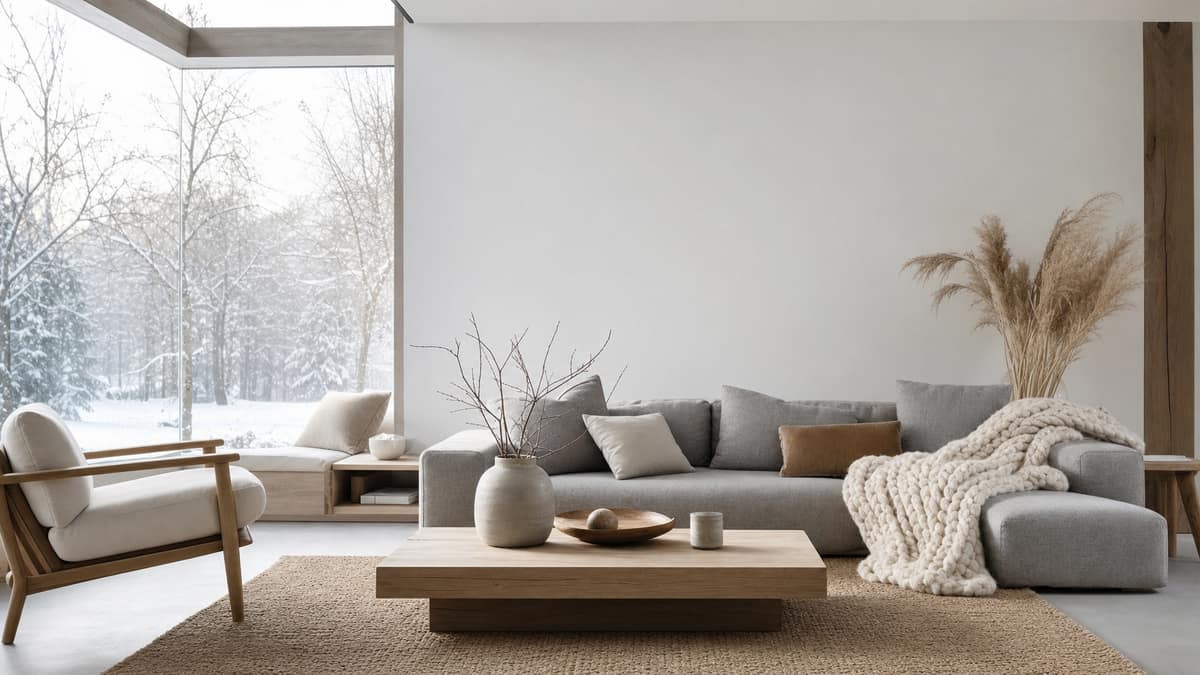 Living room with a soft wool throw and bare snowy trees visible through the window