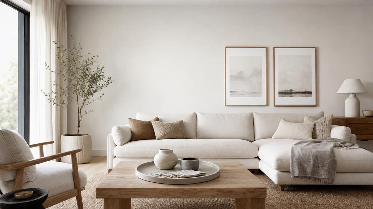Styled living room with a neutral sofa, a tray of ceramics and framed prints