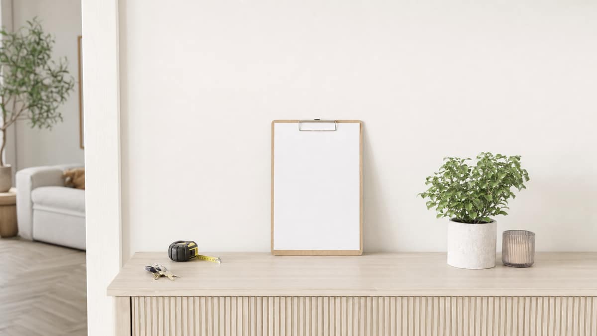 Clipboard with a blank sheet resting on a console table beside a tape measure and keys