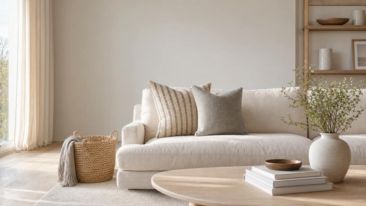 Styled living area with a linen sofa, patterned cushions and a woven basket