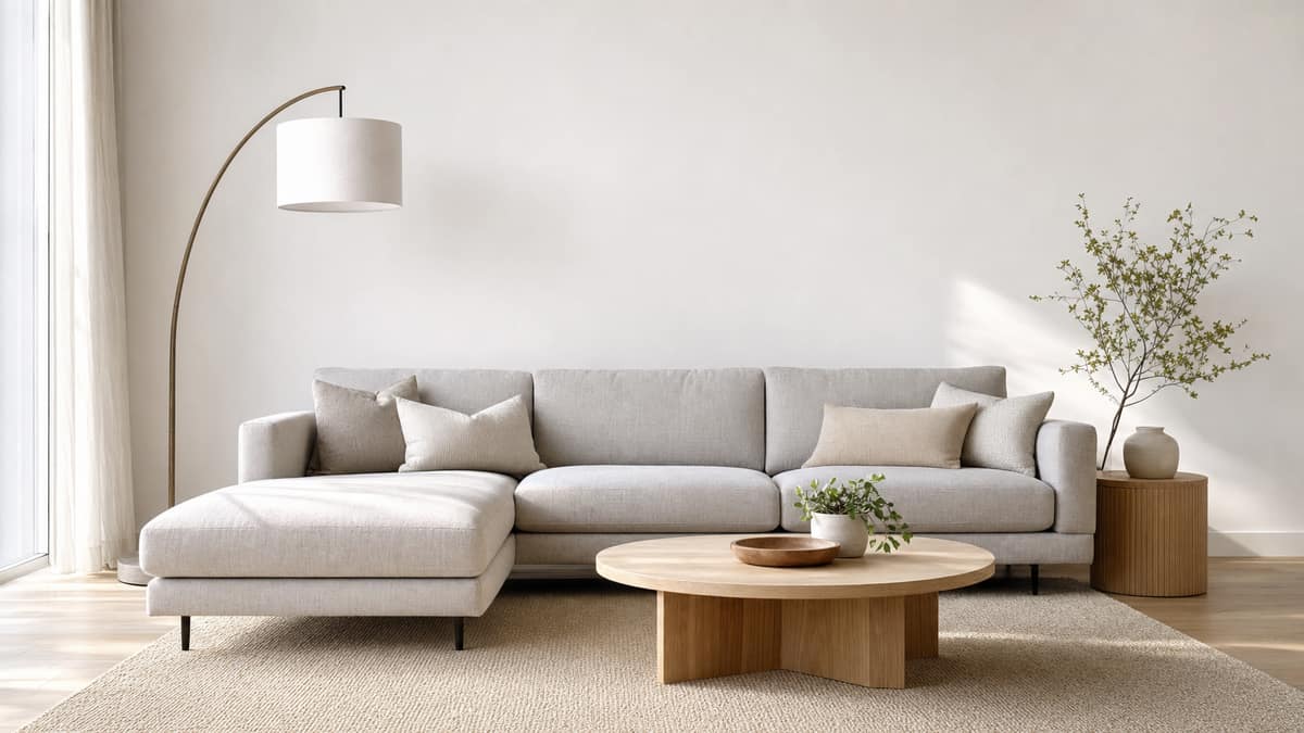 Neutral staged interior with a sofa, floor lamp and styled side table