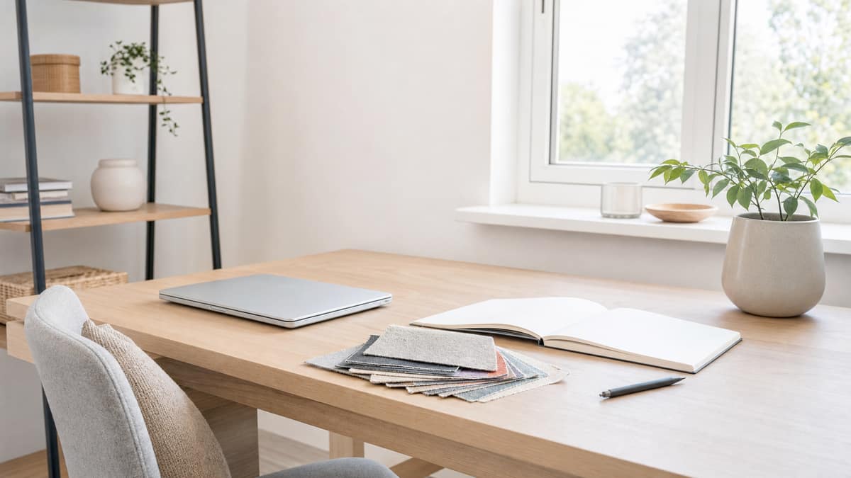Home office corner with a timber desk, laptop, fabric swatches and a notebook
