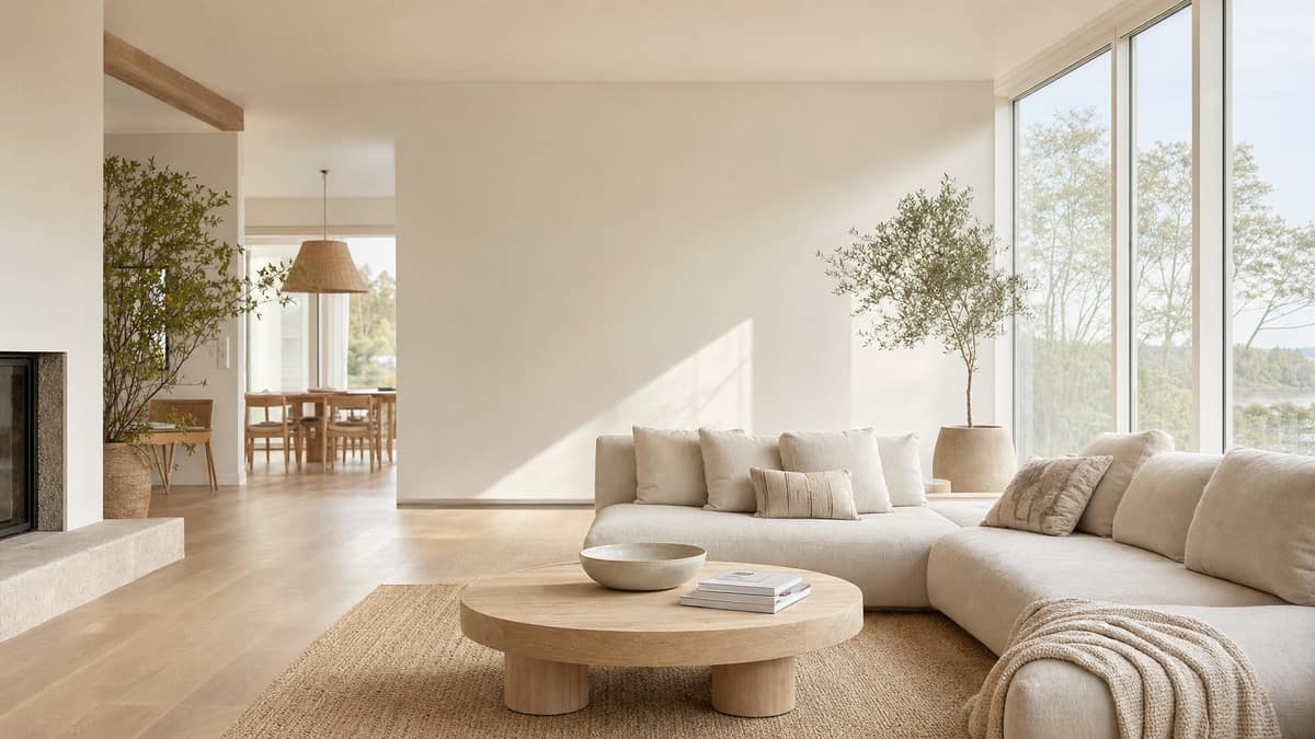 Styled living room with a pale linen sofa, round timber coffee table and tall windows