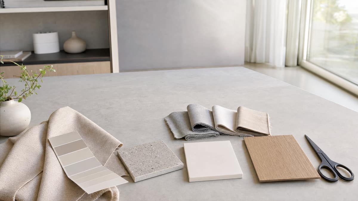 Design studio table with a mood board of paint chips, fabric samples and tile pieces