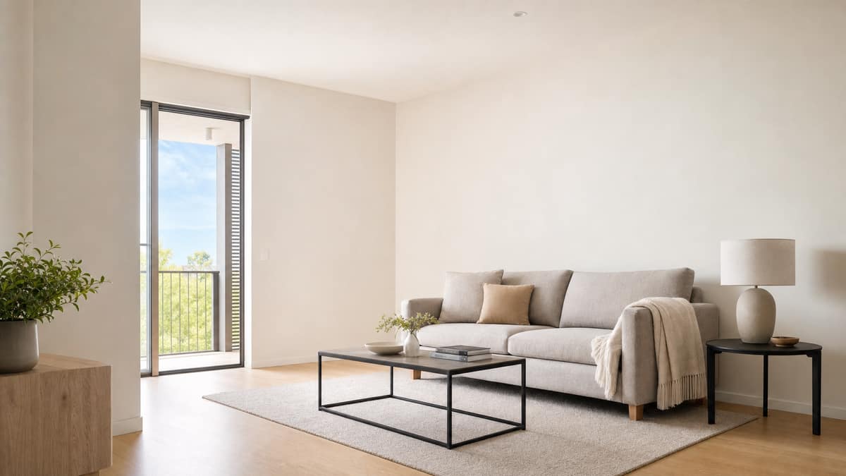 Lightly furnished rental apartment with a simple sofa and bare pale walls