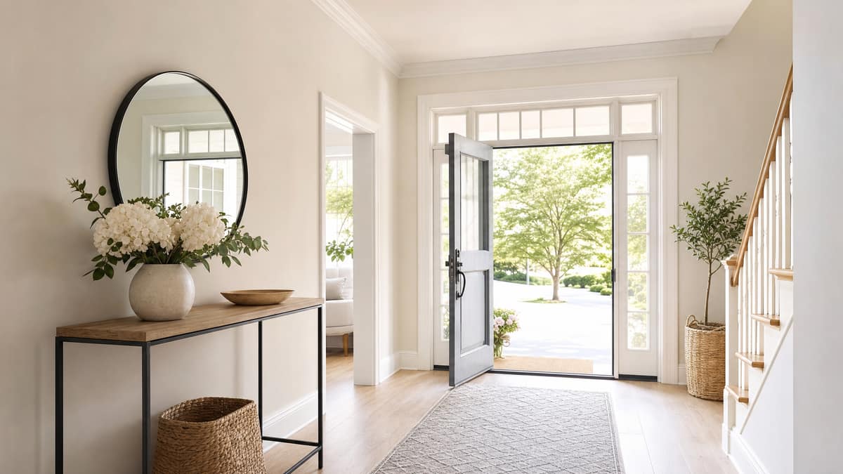 Staged entryway with a console table, mirror and fresh flowers beside an open front door