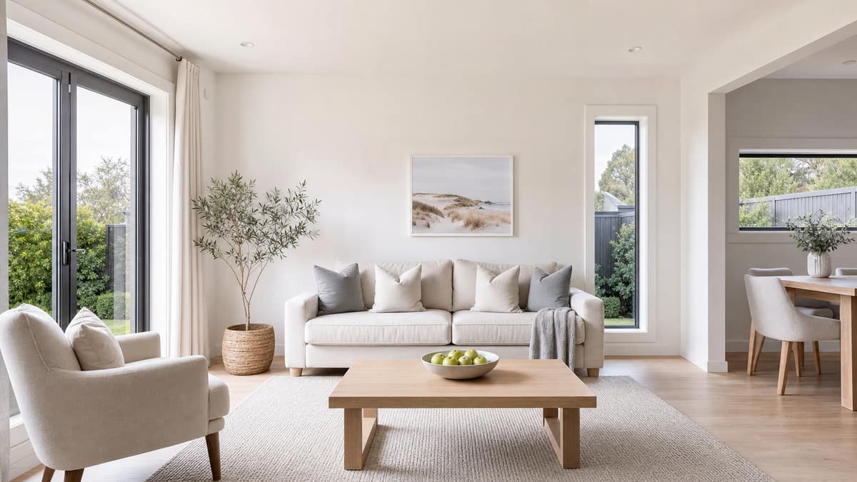 Decluttered family living room with cushions plumped and surfaces cleared for viewing