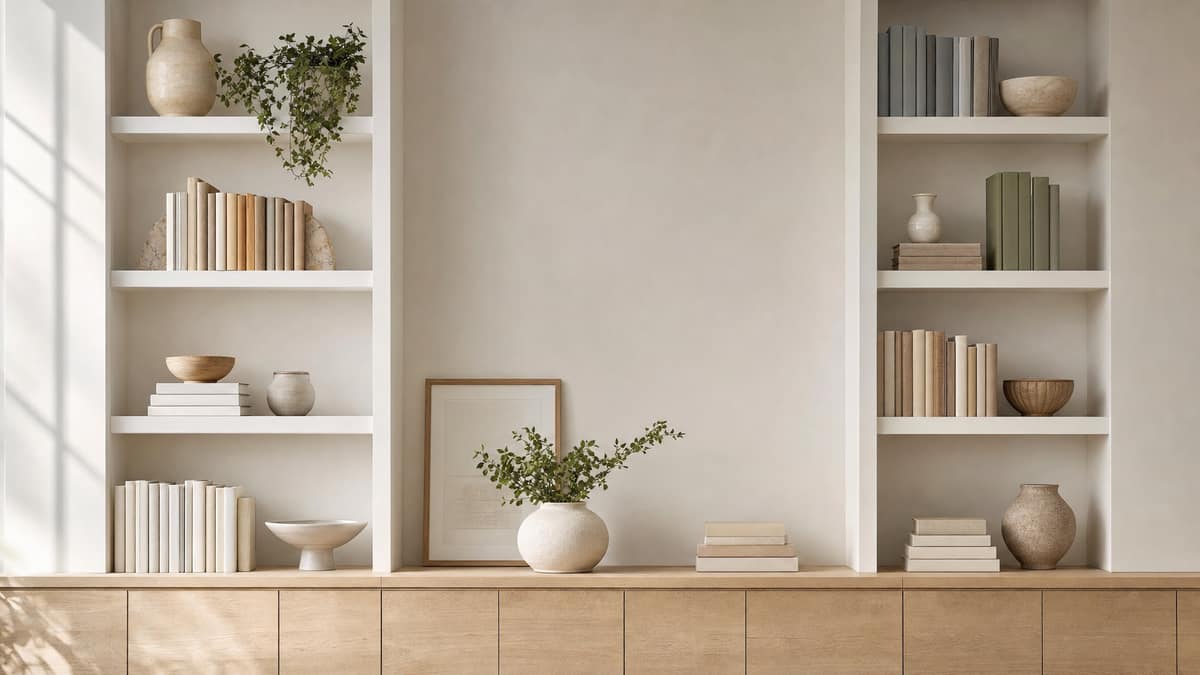 Styled bookshelf with books arranged by colour beside ceramics and a small plant
