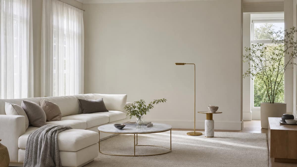 Bright staged living room with a white sofa, brass floor lamp and large windows