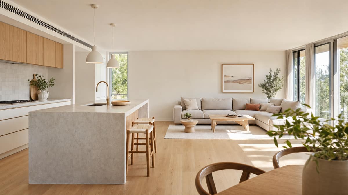 Open-plan kitchen and living space with a pale island bench and a nearby sofa