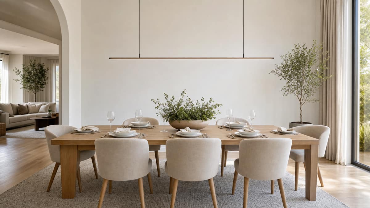 Styled dining room with a light timber table, six chairs and a linear pendant light