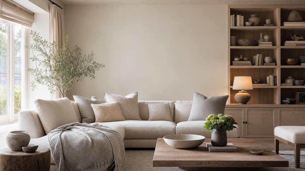 Cosy den with a deep sofa, layered textiles and a wall of shelves