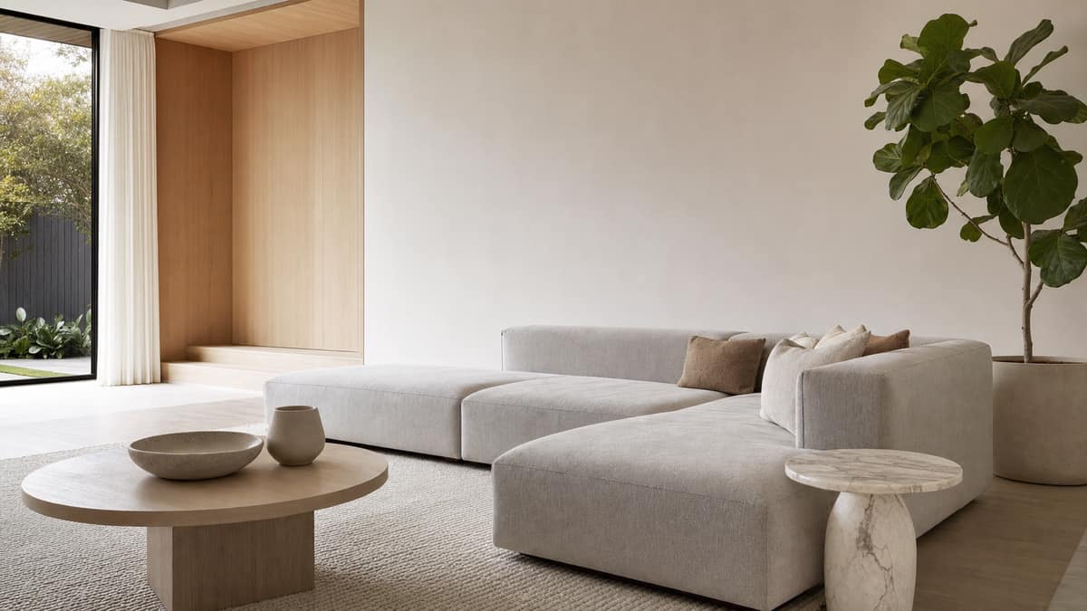 Modern lounge with a low-profile sofa, marble side table and a tall potted plant