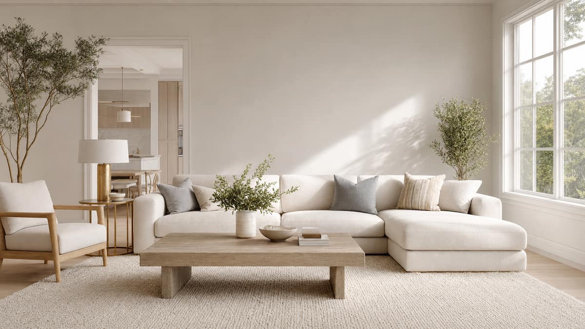 Bright aspirational living room with a cream sofa, gold accents and tall windows