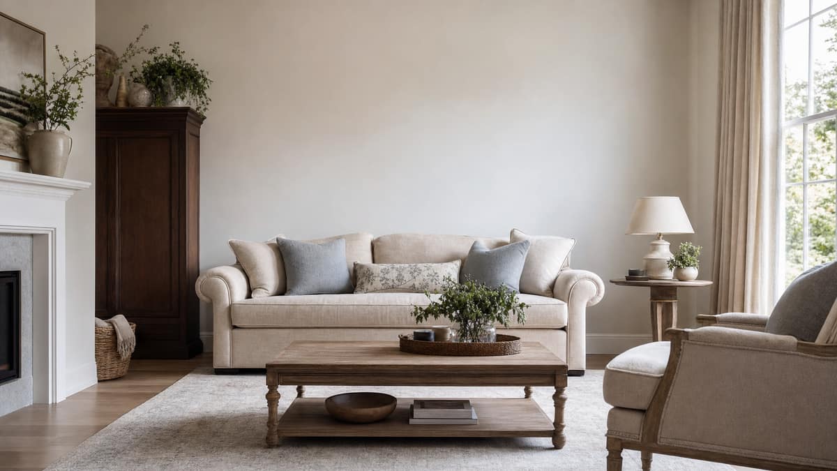 Traditional family living room with a rolled-arm sofa and a styled coffee table