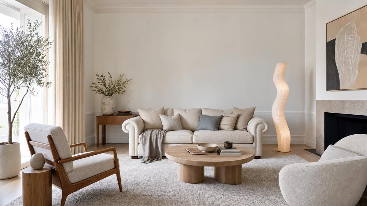 Transitional living room blending a classic sofa with contemporary art and lighting