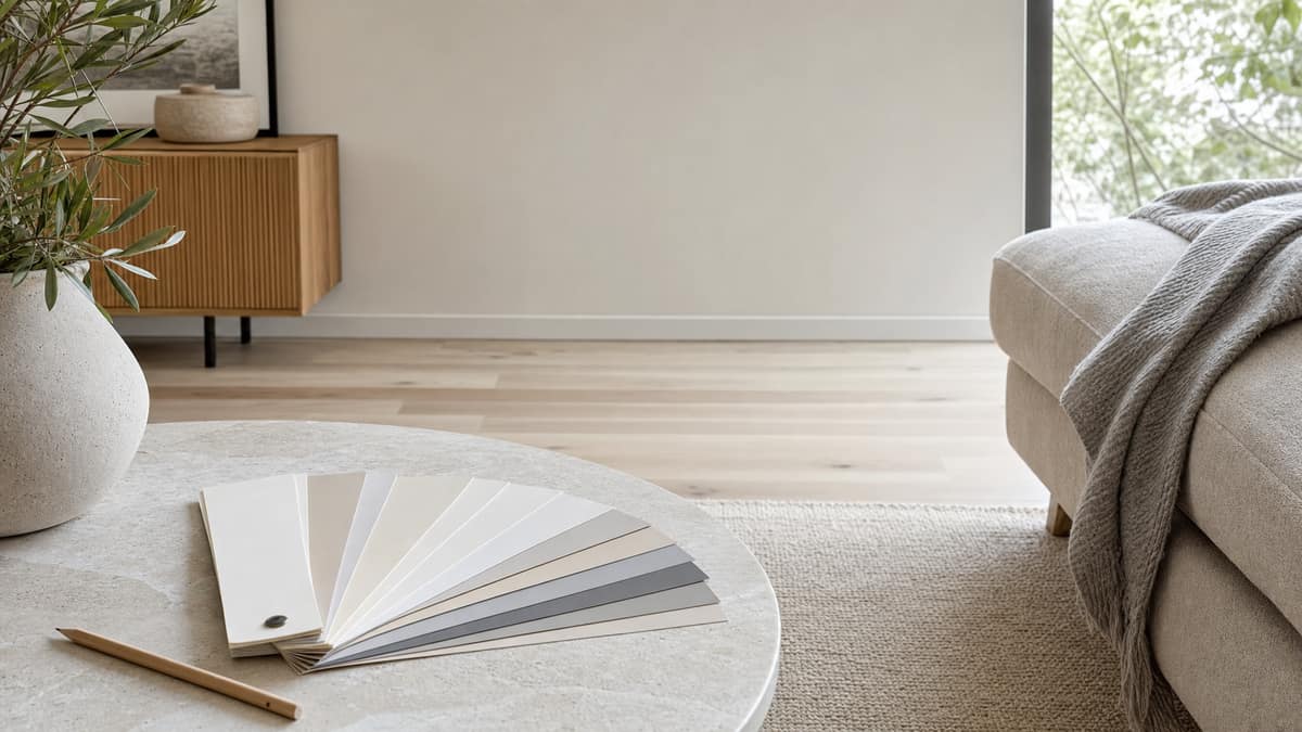 Styled interior with paint swatches fanned on a table beside a neutral sofa