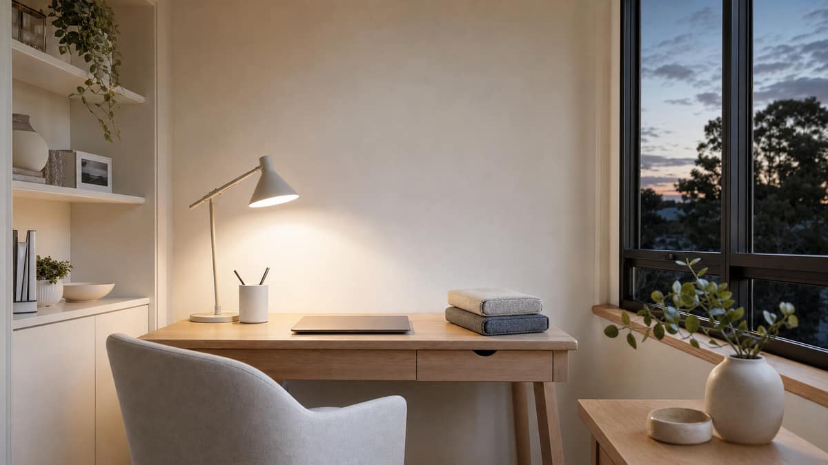 Small home office nook at dusk with a desk lamp, laptop and cushion samples