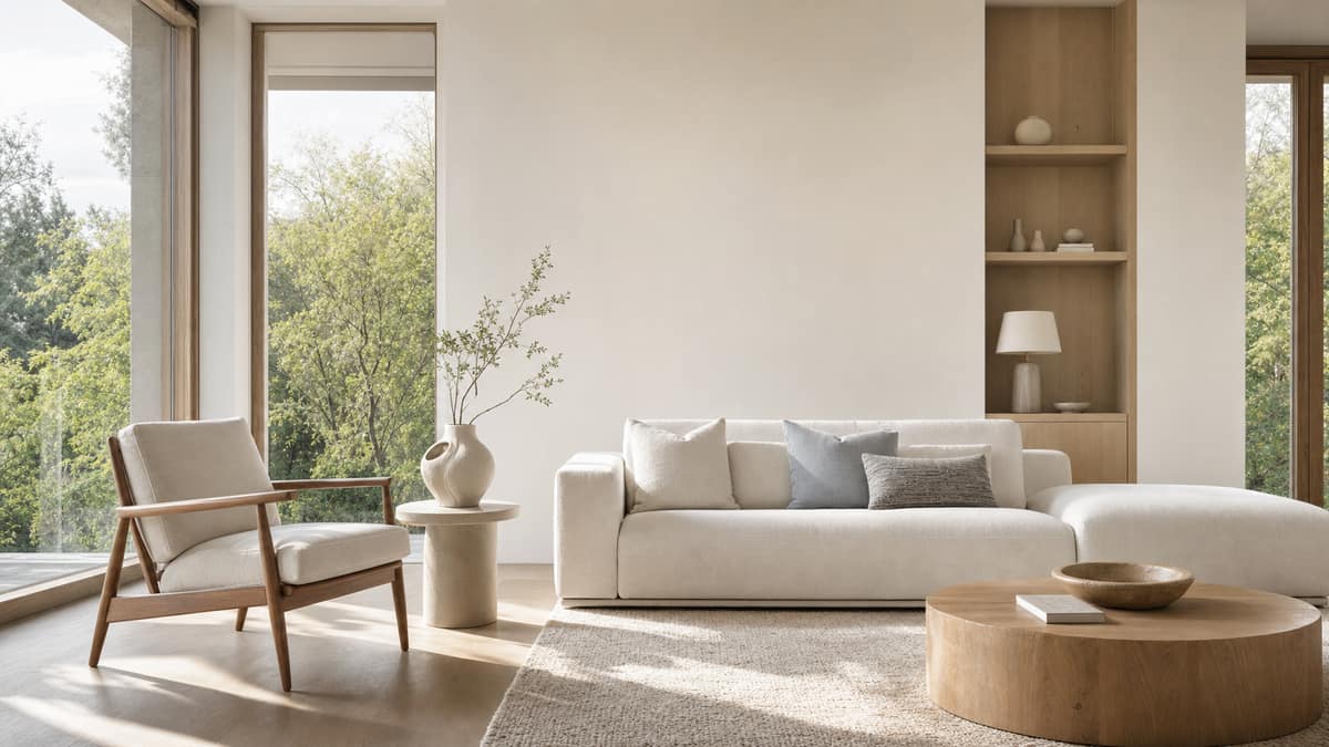Upscale staged living room with a designer armchair, sculptural vase and large windows