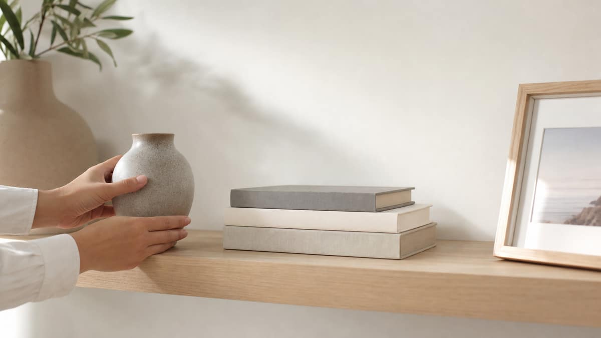 Hands placing a ceramic vase on a styled shelf beside books and a small picture frame