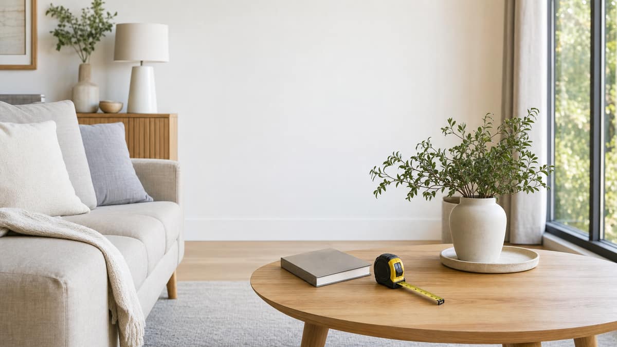 Styled room with a tape measure and notebook resting on a low table beside a sofa