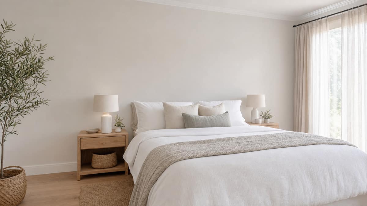 Staged bedroom with crisp white bedding, two bedside lamps and sheer curtains