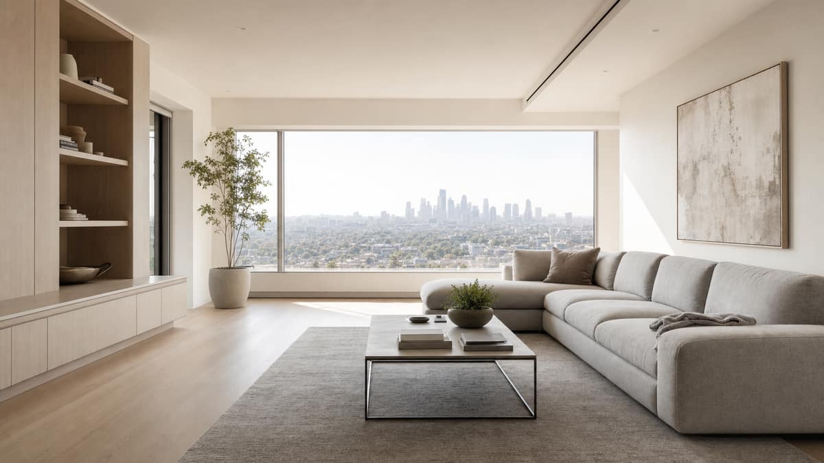 Styled apartment living room with a wide window overlooking a distant city skyline