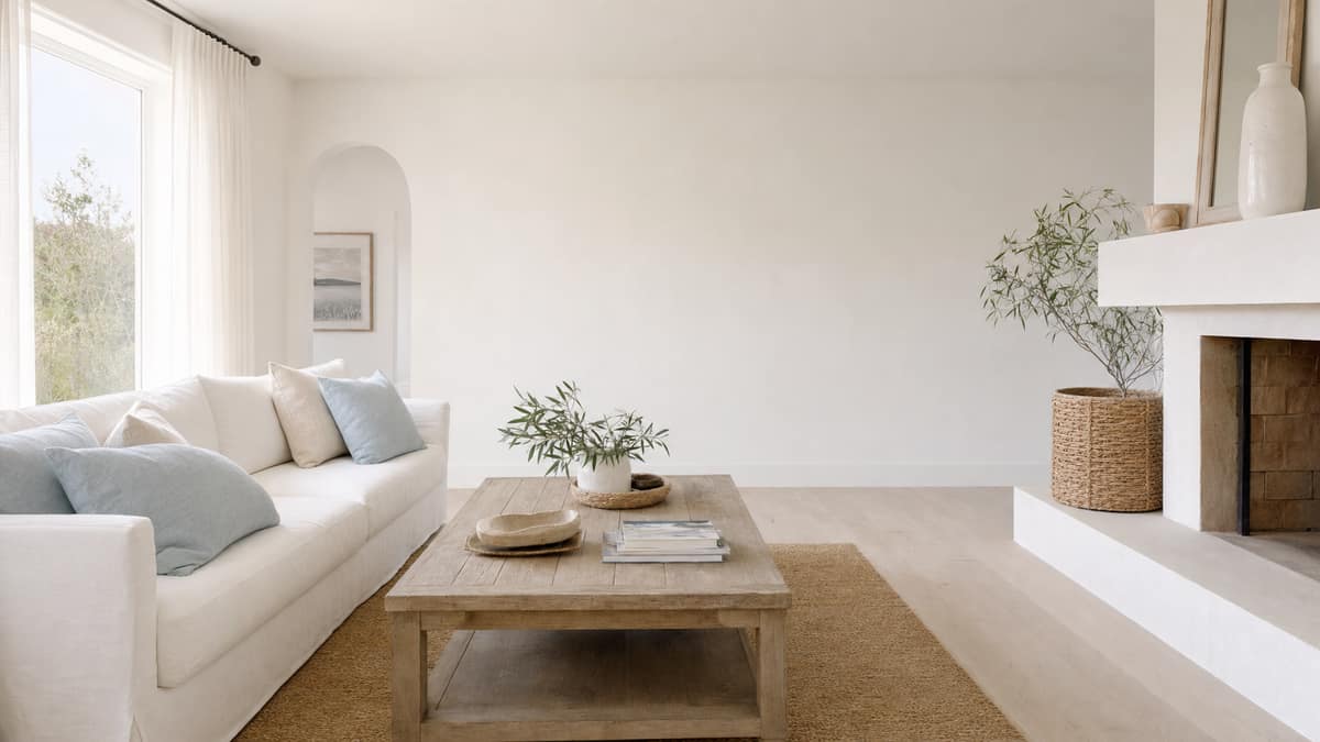 Airy coastal-style living room with a white slipcovered sofa and pale timber floors