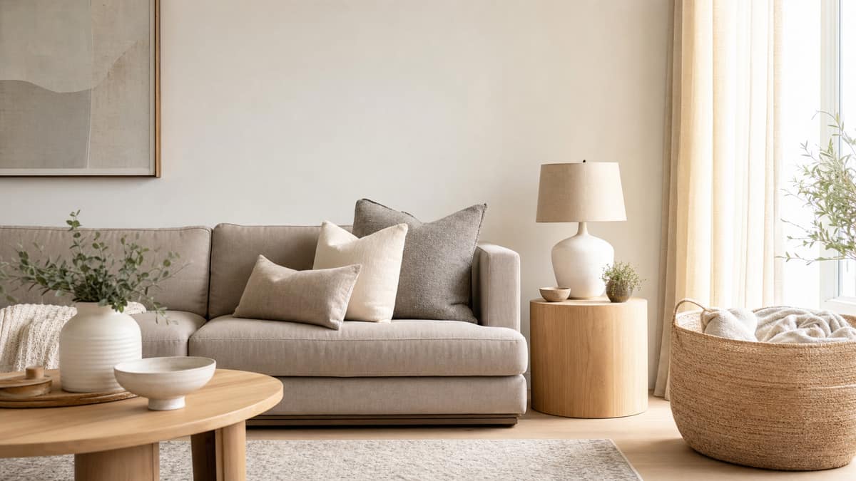 Styled living room with a taupe sofa, layered cushions and a woven basket of throws