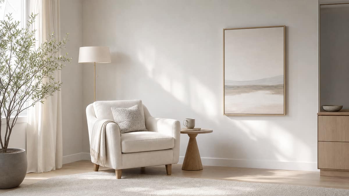 Styled interior with a pale armchair, floor lamp and framed artwork on a plain wall