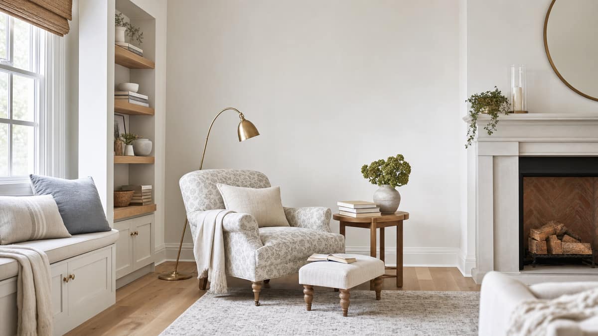 Styled sitting area with a patterned armchair, footstool and a stack of books