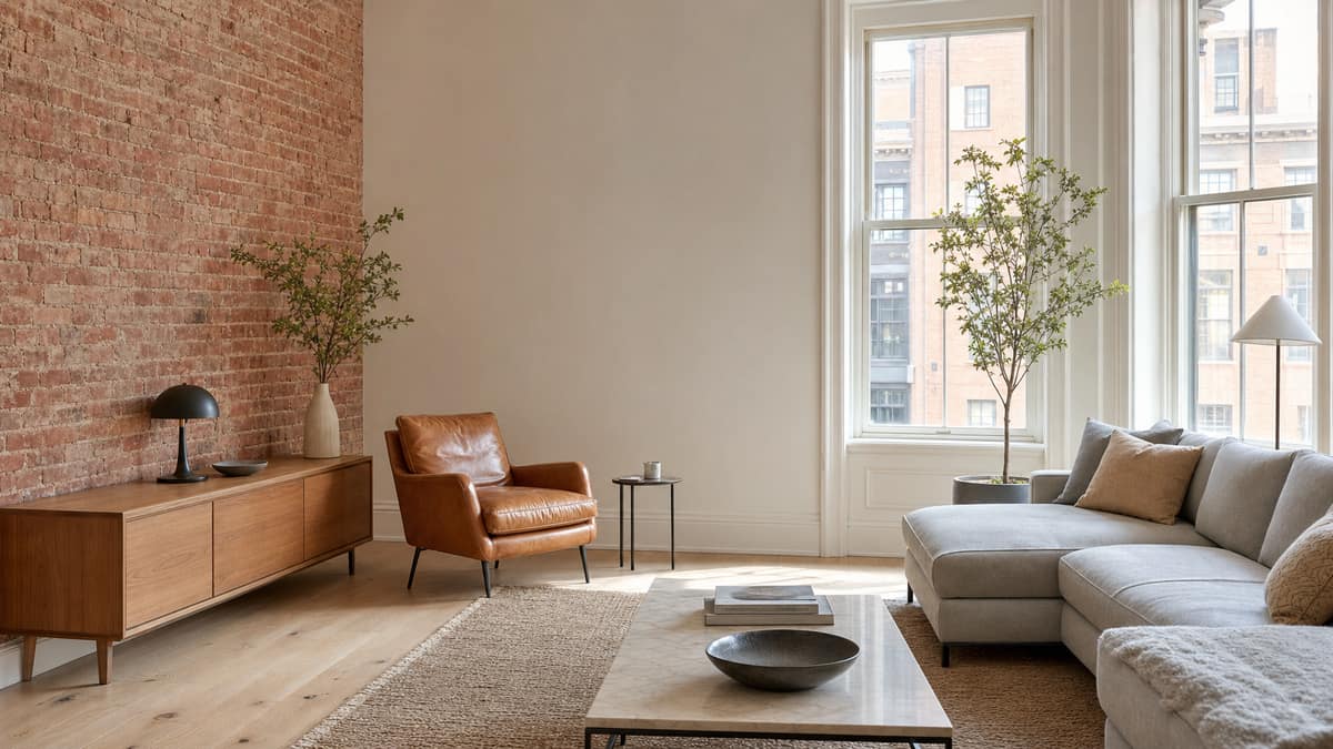 City apartment interior with exposed brick, a leather armchair and tall sash windows
