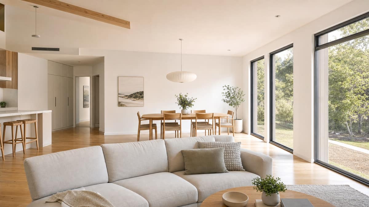 Open-plan living and dining area with a pale sofa, dining table and pendant light