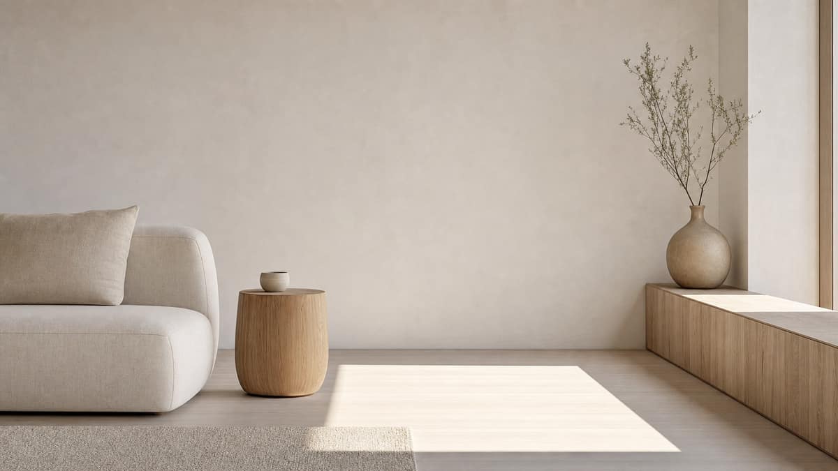 Minimalist lounge with a single pale sofa, a small stool and bare walls