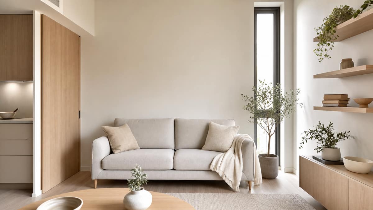 Small styled apartment living space with a two-seater sofa and wall-mounted shelving