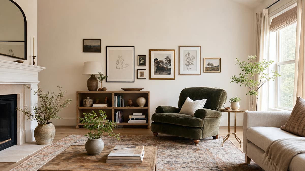 Characterful sitting room with a velvet armchair, gallery wall and patterned rug